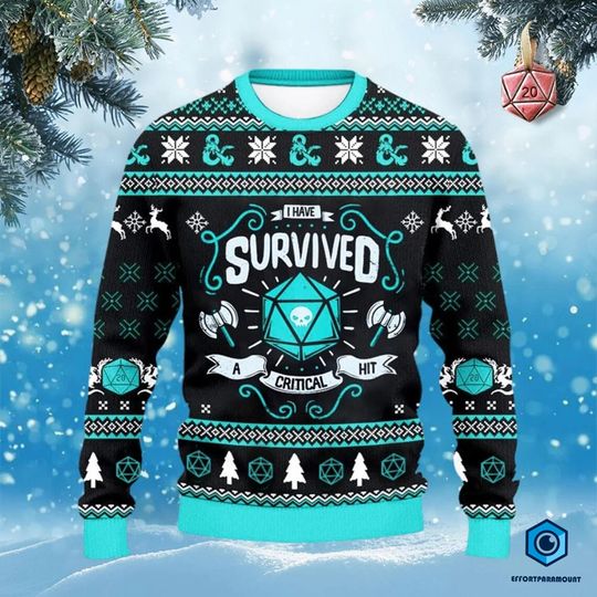 Dungeon I Have Survived A Critical Hit Ugly Christmas Sweater, Dungeons And Dragons Xmas Sweatshirt, Dnd Dungeons Master Xmas Gift for Gamer