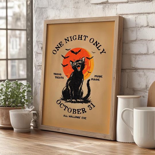 One Night Only Retro Halloween Art Poster, Spooky Season Black Cat Trick or Treat Canvas Print