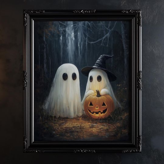 Discover Cute Ghosts in Dark Forest Print, Printable Vintage Halloween Ghost Wall Art, Dark Academia Room Decor