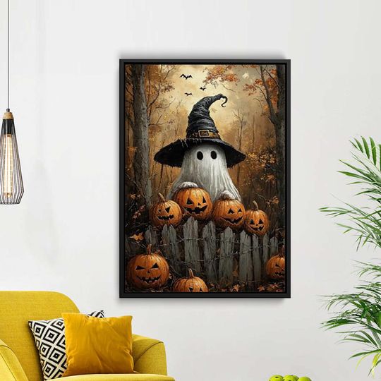 Discover Halloween Ghost Canvas Wall Art with Witch Hat and Pumpkin Patch, Rustic Spooky Large Vertical Poster
