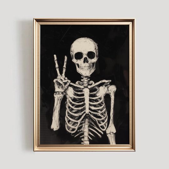 Discover Skeleton Peace Sign Halloween Poster - Printable Wall Art for Spooky Decor