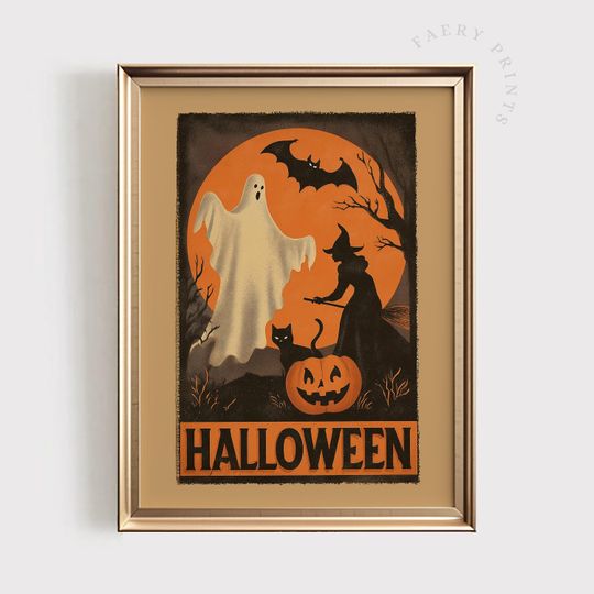 Discover Vintage Halloween Poster Print, Ghost Witch Pumpkin Black Cat, Spooky Retro Orange Vertical Poster