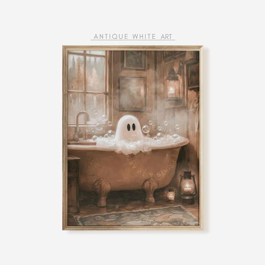 Halloween Wall Art, Halloween Bathroom Print, Funny Ghost Painting, Spooky Halloween Decor, Rustic Fall Season Art