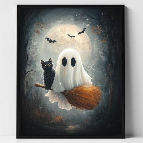 Discover Halloween Wall Art Printable, Cute Ghost and Black Cat Broomstick Print, Spooky Vintage Gothic Fall Decor, Haunted Forest Painting