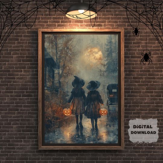 Discover Vintage Night, Halloween poster for printing, spooky art, autumn decor, witches, October, Halloween interior