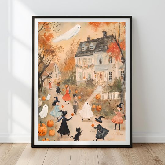 Discover Vintage Halloween Wall Art Printable | Cute Ghosts & Witch  | Spooky Fall Painting | Halloween Kids Room Decor | Retro Print