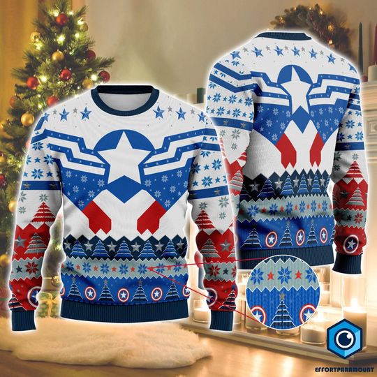 Captain America Ugly Christmas Sweatshirt, Sam Wilson Captain America Christmas Sweater, Superhero Avengers Christmas Sweatshirt