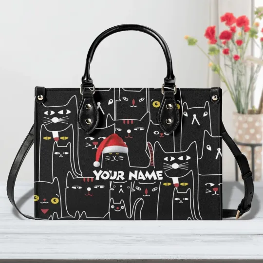 Christmas Cat Handbag, Black Cat Leather Bag, Holiday Cat Lover Gift