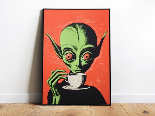 Discover Alien Coffee Drinking Poster - Retro Sci-Fi Kitchen Wall Art