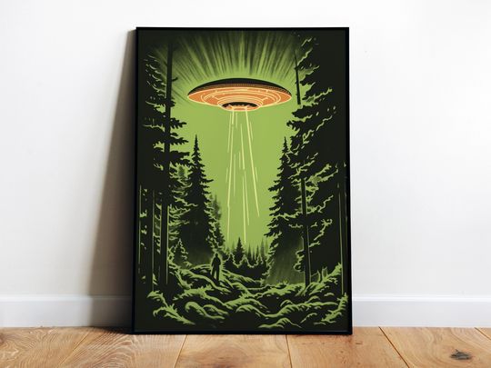 Discover Flying Saucer Art Print UFO Wall Art Alien Prints Ufo Forest Poster 60s Atomic Age Print Alien Invasion Poster