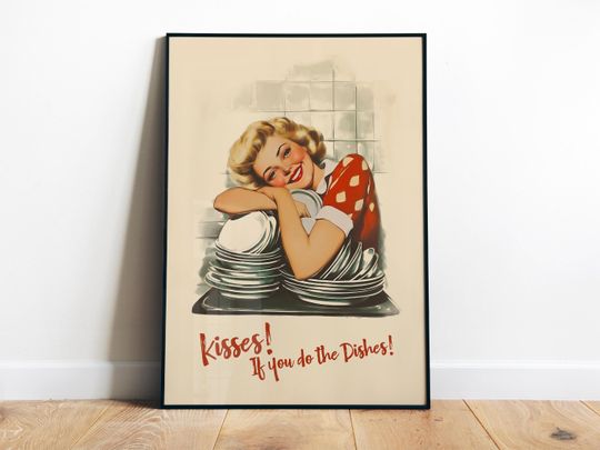Discover Kisses if You Do the Dishes Kitchen Wall Art Digital Print Retro Housewife Nook Decor Break Room Gift