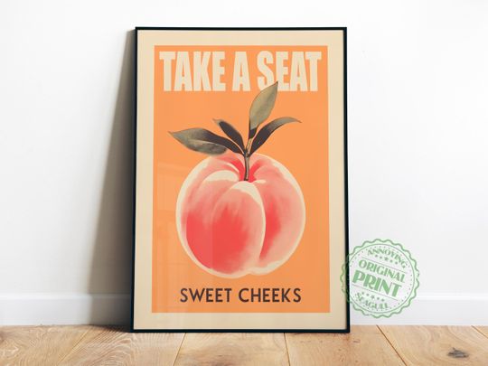 Discover Take a Seat Sweet Cheeks Poster Retro Bathroom Wall Art Peach Toilet Art
