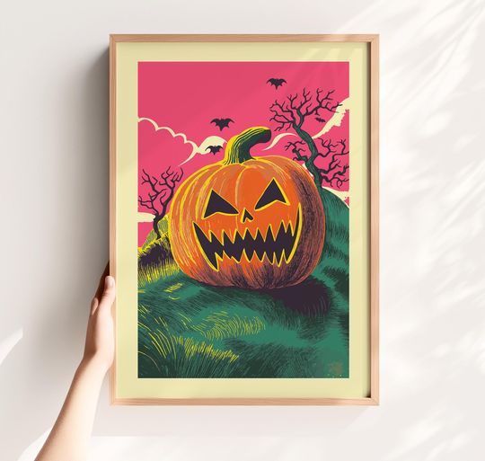 Discover Vintage Pumpkin Print Retro Jack-o'-lantern Halloween Wall Art, Spooky and Colorful Posters
