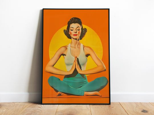 Discover 70s Retro Yoga Print: Meditating Girl, Orange Wall Art (Digital Download)