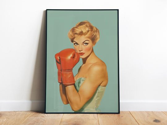 Discover Retro Female Boxer Wall Art - 50s & 60s Digital Gym Decor, Boxing Gloves Poster