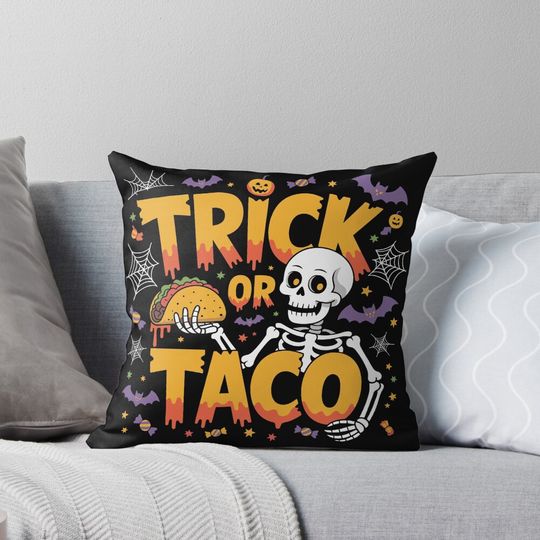 The Spooky Taco Fiesta: This fun and vibrant T-shirt design skeletal figure offers a taco dripping with crimson salsa. For the Halloween Festive Season Pillow