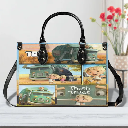 Trash Truck Cartoon Leather Handbag, Kids Animated Series Bag, Gift