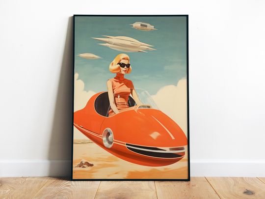 Discover Sci-Fi Flying Car Poster, 1950s Retro Wall Art, Vertical Premium Matte Poster