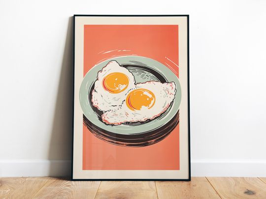 Discover Fried Eggs Poster, Digital Wall Art, Kitchen Decor, Pink Breakfast Nook Poster