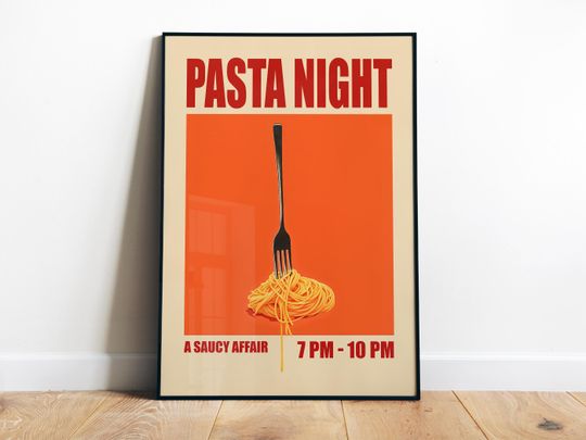 Discover Pasta Night Retro Food Art Poster, Mid Century Modern Kitchen Wall Decor