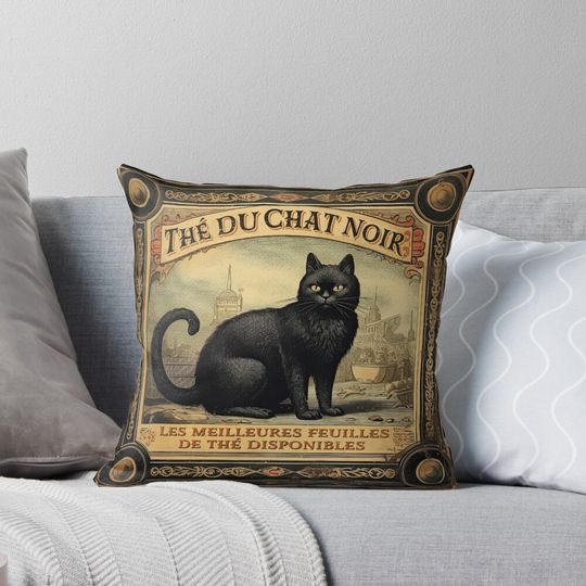 Discover Vintage Halloween Black Cat Tea Advertisement Pillow