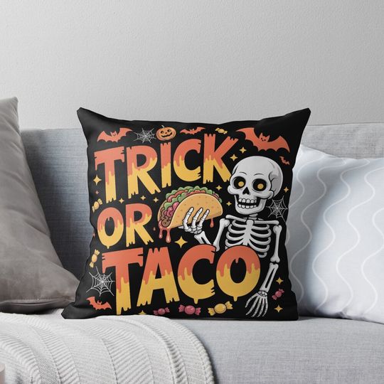 Discover Bones and Bites: This fun and vibrant T-shirt design skeletal figure offers a taco dripping with crimson salsa. For the Halloween Festive Season Pillow