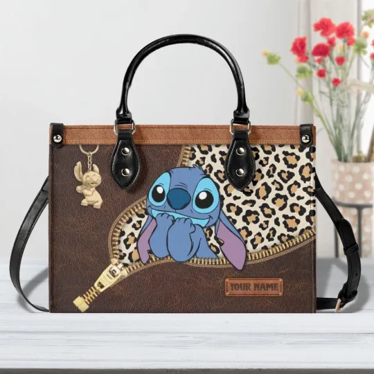 Discover Stitch Leopard Leather Handbag, Disney Bag, Cute Gift for Women