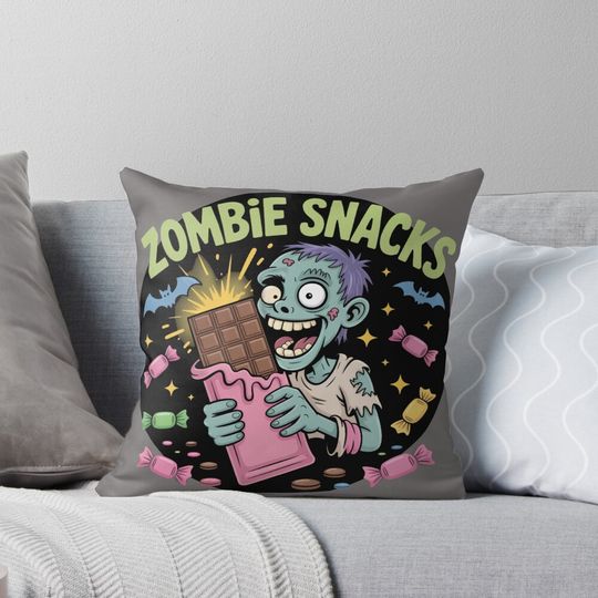 Discover The Brainless Bite: This fun and vibrant T-shirt design is a hilarious take on the classic zombie. For the Halloween Festive Season Pillow
