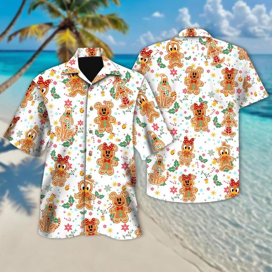 Discover Mickey and Friends Gingerbread Hawaii Shirt, Disney Christmas Shirt, Mickey's Very Merry Button Shirt Christmas Party Holiday Hawaiian Tee
