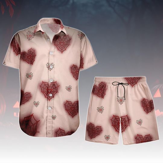 Discover Heart Spider Web Button Shirt and Shorts, Halloween Kawaii Pink Spooky Season Top Set