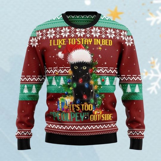 Black Cat Like Stay To In Bed Xmas Ugly Christmas Sweater, Black Cat Christmas Lights Sweater, Kitten Christmas Sweater, Cat Lover Gift