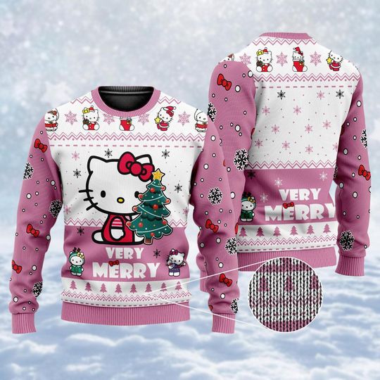 Christmas Hello Kitty Ugly 3D Sweater, Cute Cat Woman Sweater, Very Merry Christmas Sweater, Girl Xmas Party Shirt, Gift For Her