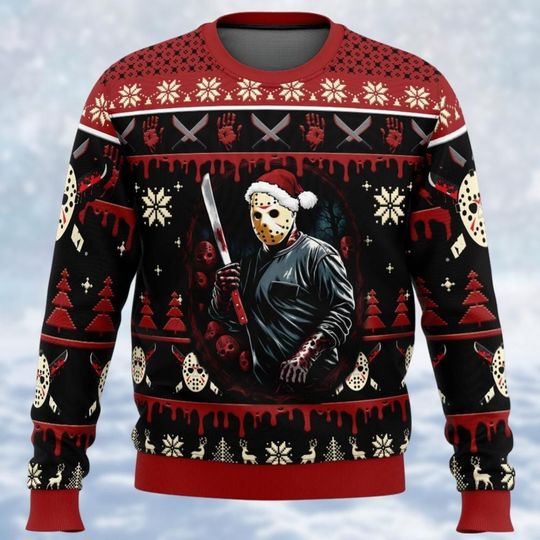 Discover Jason Voorhees Ugly Christmas Sweater, Friday The 13Th Sweatshirt, Horror Movie Xmas Shirt, Family Holiday Sweater, Gift For Fan