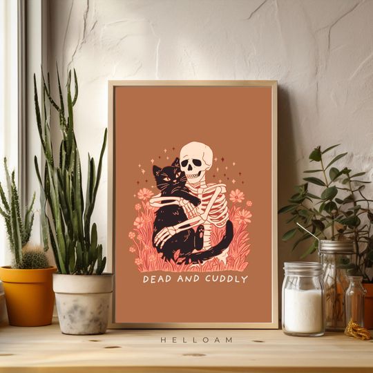 Discover Halloween Skeleton Wall Art Poster, Vintage Design, Black Cat Lover Gift