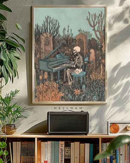 Discover Skeleton Playing Piano Wall Art - Halloween Poster, Premium Matte Vertical Poster