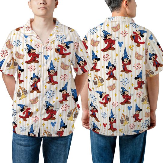 Unisex Fantasia Sorcerer Mickey Wizard Magic Brooms Hawaiian Shirt, Disney Fantasmic Shirt, Disneyland Trip Family Matching, Mickey Balloon