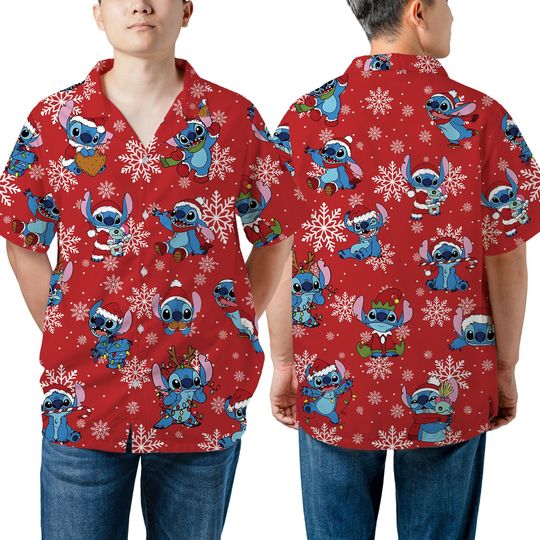 Discover Unisex Disney Stitch Snowflakes Christmas Hawaiian Shirt, Lilo & Stitch Vintage Christmas Hawaii Shirt, Disneyland Xmas Party Family Outfits