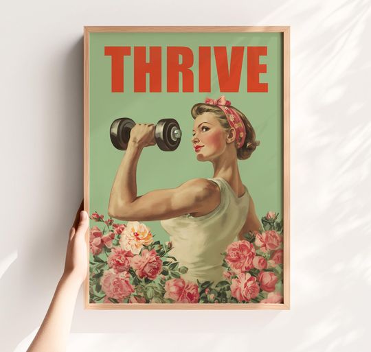 Discover Thrive Poster - Retro Fitness Girl Wall Art, Feminine Gym Decor, Girl Power Print