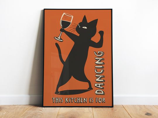 Discover This Kitchen is for Dancing Poster Funny Kitchen Digital Print Funny Cat Art Print Retro Black Cat Poster In This Kitchen We Dance Print