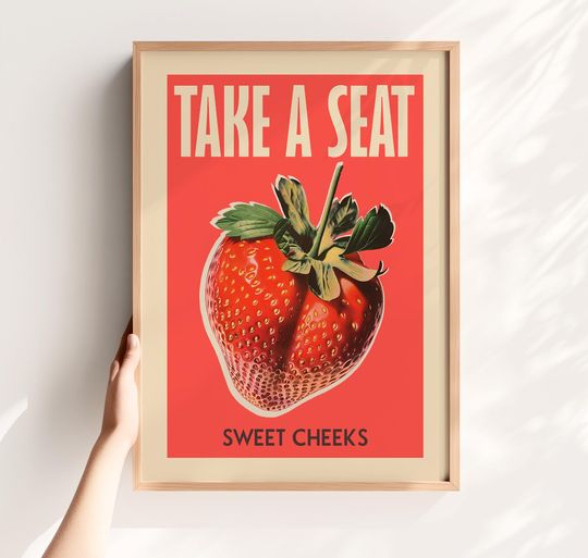 Discover Take a Seat Sweet Cheeks Poster Bathroom Wall Art Toilet Print Printable Retro Strawberry Art Print Digital Nice Bum Art Funny Toilet Poster