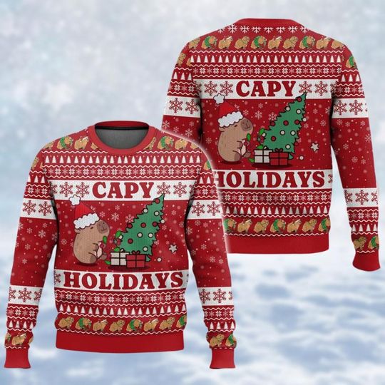 Christmas Capybara Ugly Sweater, Cute Animal Lover Holiday Sweater, Capy Xmas Party Long Sleeve Shirt, Funny Rodent Sweater, Xmas Gift