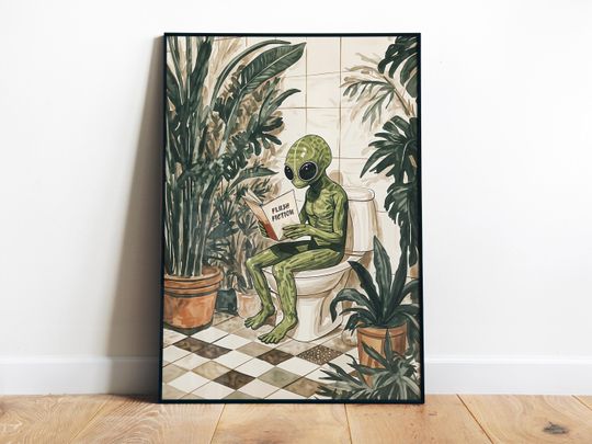 Discover Funny Alien Bathroom Art Print - Reading on Toilet, Vertical Poster