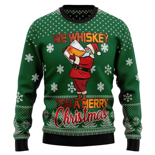 Discover Whiskey Christmas Sweater, Funny We Whiskey You a Merry Xmas Ugly Jumper, Santa Drinking Holiday Pullover, Party Sweater Men Women
