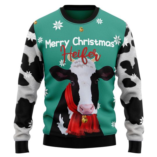 Cow Christmas Sweater, Funny Merry Christmas Heifer Ugly Xmas Jumper, Farm Animal Holiday Pullover, Party Sweater for Men Women