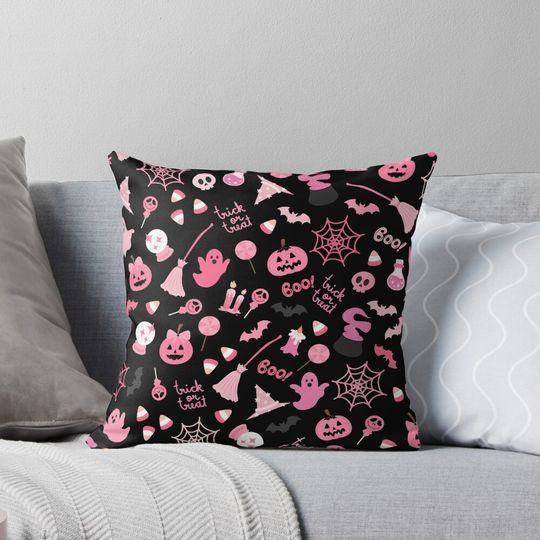 Pink Halloween Ghosts Pumkins Trick Or Treat Candies Pattern Pillow
