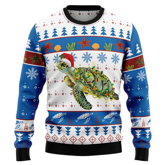 Sea Turtle Christmas Sweater, Turtle with Santa Hat and Lights, Ugly Xmas Sweater, Ocean Lover Holiday Outfit, Marine Animal Gift
