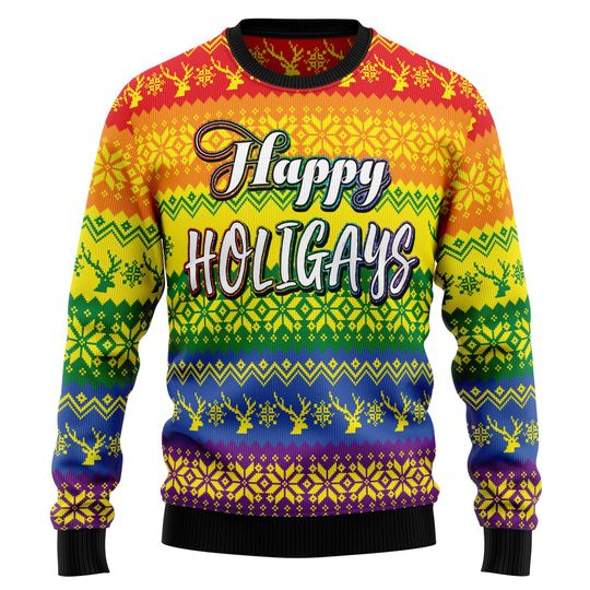 Discover Christmas Sweater, Funny Happy Holigays Ugly Xmas Jumper, Rainbow Pride Holiday Pullover, Festive Party Sweater Unisex