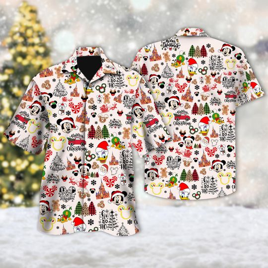 Discover Disney Mickey & Friends Christmas Hawaii Shirt, Mickey Mouse Button Up, Cartoon Xmas Shirt, Mickey Ears Hawaiian Shirt, Magic Kingdom Shirt