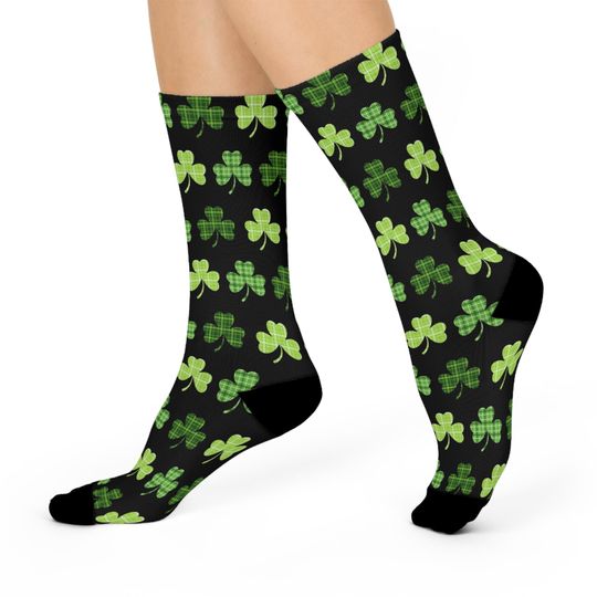 Discover Black St. Patrick's Day Lucky Clover Crew Socks, Perfect for Spring, Cozy Gift for Her, Fun Fashion Accessory, Holiday Stocking Stuffer