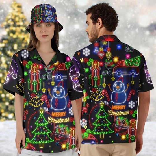 Discover Christmas Bright Neon Lighting Hawaiian Shirt, Neon Lighting Button Up Shirt, Merry Christmas Hawaiian Shirt, Santa Clause Xmas 3D Shirt
